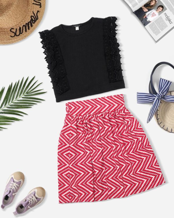 HIGH WAIST SKIRT AND TOP BLACK AND RED